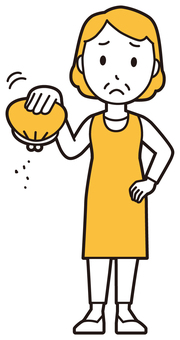  エプロンおばちゃん(黄)-155-全身 金欠,おばちゃん,エプロン,お母さん,ママ,中年,おばさん,主婦,人物,かわいいのイラスト素材