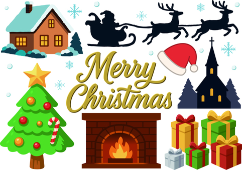 クリスマスのイラストです。 クリスマス,暖炉,クリスマスツリー,プレゼント箱,洋館,文字,帽子,サンタクロース,トナカイ,ソリのイラスト素材