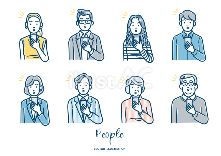 スマホで検索して驚くする人々 スマートフォン,タップ,検索のイラスト素材