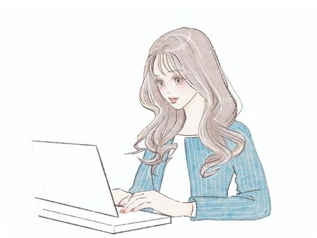 パソコン作業をする女性(ブルー) オフィスレディ,ビジネスウーマン,キャリアウーマン,ビジネス,社会人,派遣,オフィス,オフィスカジュアル,会社員,ビジネスカジュアルのイラスト素材