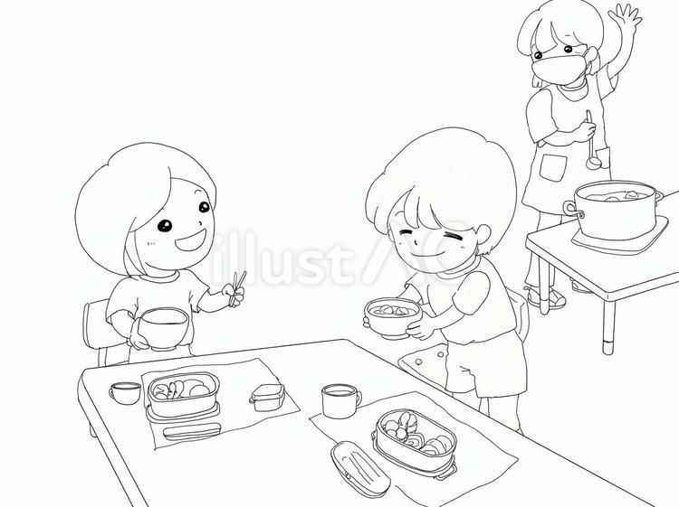 栽培した野菜をみそ汁に！/食育活動 みそ汁,子ども,保育者のイラスト素材