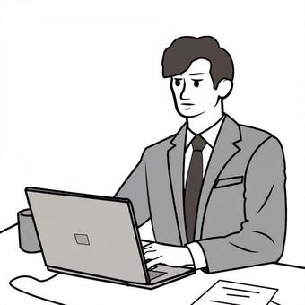 ノートパソコンで作業するサラリーマン サラリーマン,ビジネス,ノートパソコン,パソコン,pc,デスクワーク,上半身,作業,考える,スーツのイラスト素材