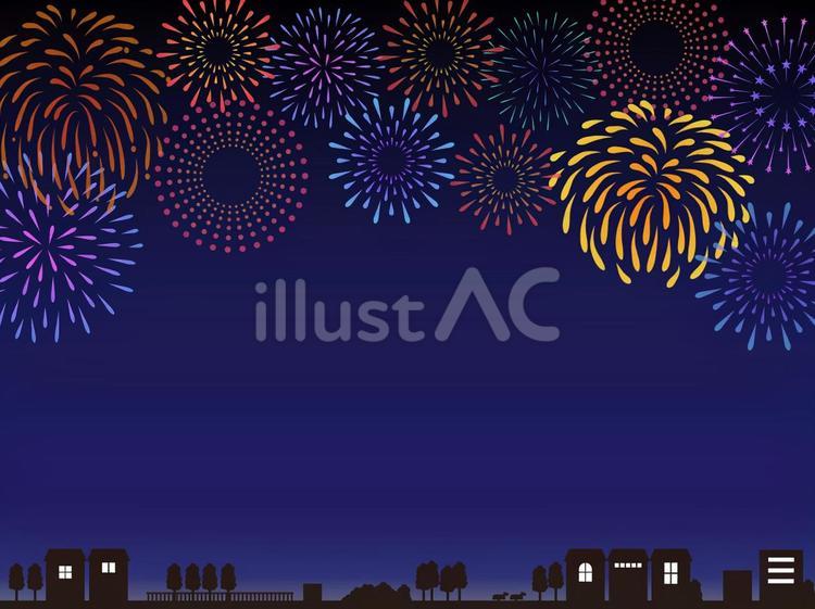 夏の背景　花火と夜の街のフレーム　9 花火,花火大会,打ち上げ花火のイラスト素材