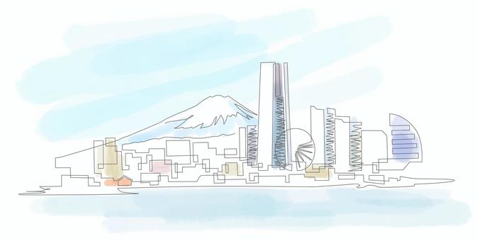 青空の横浜 みなとみらい 一筆書きと水彩 横浜,日本,関東,みなとみらい,観覧車,ビル,マンション,ビジネス,ホテル,空のイラスト素材