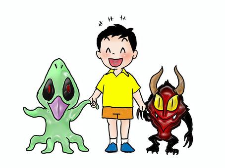 多様なこどもたち 人物,こども,男の子,小学生,宇宙人,悪魔,笑顔,3人,全身,手書きのイラスト素材