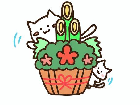 門松の影から新年の挨拶するかわいいねこ達