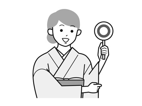 マルの札を持った着物女性A右向／白黒 丸,札,笑顔,女性,お母さん,着物,講師,20代,30代,40代のイラスト素材