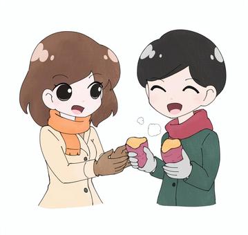 焼きいもを分け合う男女 女性,男性,男女,女の子,カップル,夫婦,兄妹,さつまいも,焼き芋,食べ物のイラスト素材
