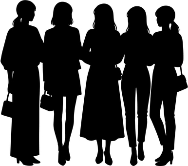 女子学生5人のシルエット 女子,女子高生,女子大生,学生,ティーン,10代,仲良し,友達,友人,グループのイラスト素材