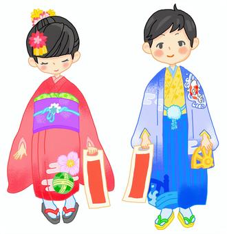 七五三おめでとう 七五三,子供,女の子,男の子,着物,袴,複数人,千歳飴,手描き,かんざしのイラスト素材