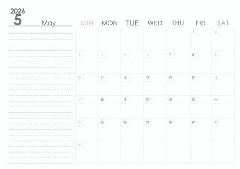 2026年5月カレンダー 2026年5月カレンダー カレンダー,手帳,日付,2026年,5月,デジタルプランナー,トラッカー,a4サイズ,日曜始まり,シンプルのイラスト素材
