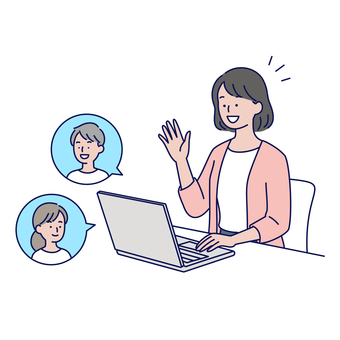 オンライン会議に参加する女性 人物,女,シンプル,ビジネス,会社員,若い,オンライン,テレワーク,リモートワーク,パソコンのイラスト素材