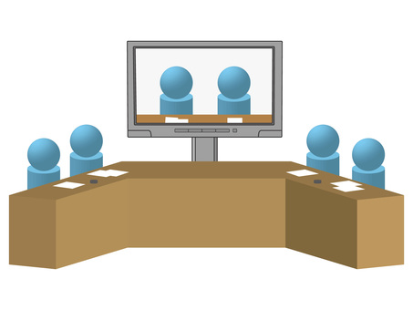 ビデオ会議（テレビ会議） 会議,ビデオ,テレビ,リモート,ネットワーク,打合せ,ミーティング,通信,遠隔地,ディスプレイのイラスト素材