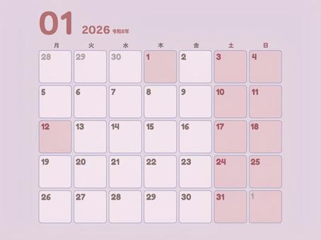 2026年1月カレンダー(月曜始まり)