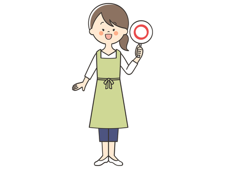 マルの札を持つエプロンの女性 丸,正解,正しい,合っている,クイズ,解答,笑顔,主婦,女性,エプロンのイラスト素材
