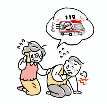 救急車を呼ぶシニア夫婦＿男性 高齢者,病気,シニア,お年寄り,お爺さん,おばあさん,年配,痛み,胸,押さえるのイラスト素材