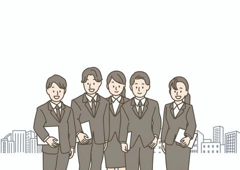 ビルを背景に立つ就活生のグループ フレッシャーズ,就活,新入社員,入社式,スーツ,ビジネス,男女,チーム,仲間,ビルのイラスト素材