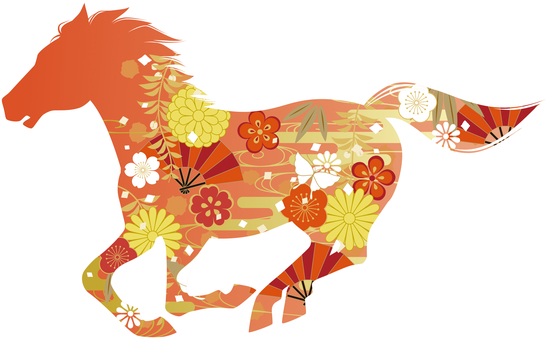 煌びやかな花々、蝶、扇をあしらう馬