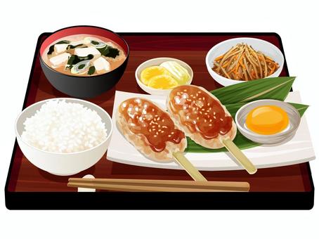 鶏つくね定食2 鶏つくね定食,定食,料理,食べ物,串,卵,きんぴらごぼう,にんじん,ゴマ,ご飯のイラスト素材