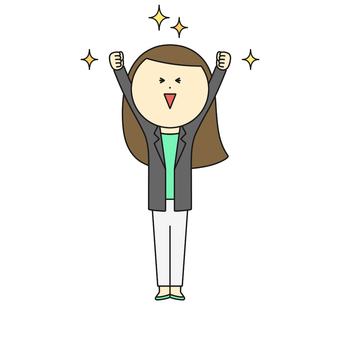 両手の拳を高く上げる女性のイラスト＿成功 女性,人物,スーツ,ビジネスウーマン,キャリアウーマン,ol,ロングヘア,拳,グー,手のイラスト素材