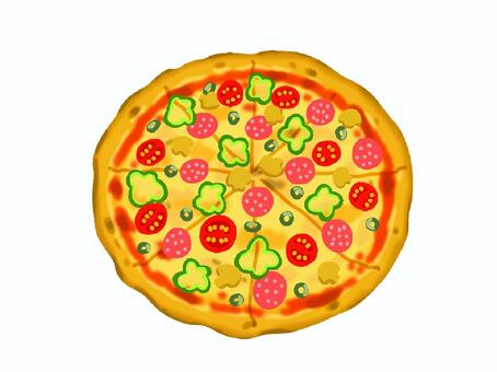 ピザ ピザ,チーズ,トマト,サラミ,ソーセージ,ピーマン,オリーブ,マッシュルーム,こんがり,あつあつのイラスト素材