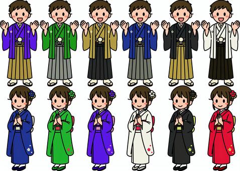 羽織袴の男性と振袖の女性です。 シンプル,和装,和服,成人式,卒業式,コスチューム,着物,正装,お正月,日本のイラスト素材