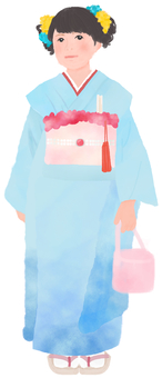 七五三（七歳・女の子・青い着物） 七五三,七歳,女の子,子供,着物,かわいい,青,水彩風,手書き風,１人のイラスト素材