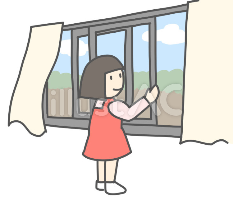 窓を開けて部屋の換気をする女の子 換気,窓,カーテンのイラスト素材