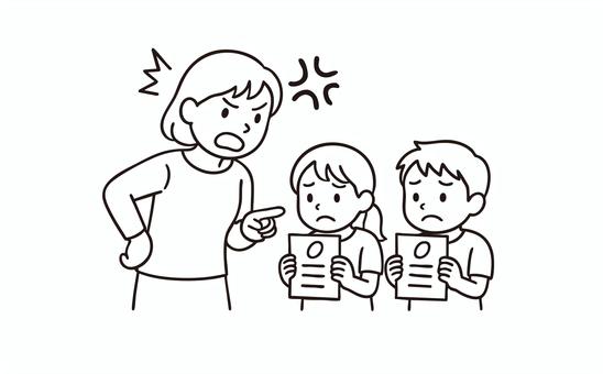 テストで0点をとって怒っているママ 人物,家族,テスト,0点,お説教,モノクロ,線画のイラスト素材