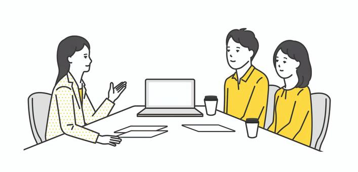 窓口でお客様の接客をするビジネスパーソン 説明,相談,提案,商談,接客,打ち合わせ,窓口,カウンター,案内,営業のイラスト素材