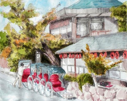 Watercolor painting, Kyoto inn and rickshaw, JPG Watercolor painting, Kyoto inn and rickshaw, kyoto, tourist spot, landmark, JPG