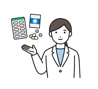 薬を案内をする白衣の女性 薬,薬剤師,医師,案内,説明,受付,白衣,女性,医療のイラスト素材