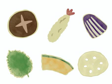 天ぷらのイラスト-01 天ぷら,えび天,しいたけ,なす,大葉,しそ,青じそ,かぼちゃ,れんこん,和食のイラスト素材