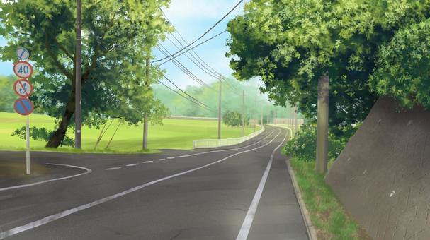 人通りが少ない道路　背景イラスト 道路,田舎,道,車道,のどか,閑散,リアル,景色,風景,背景のイラスト素材