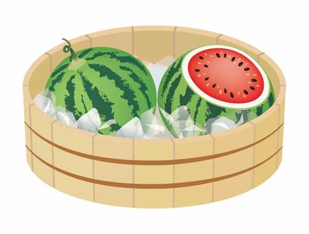 たらいに入った西瓜 西瓜,たらい,水,氷,冷たい,夏,食べ物,美味しい,果物,8月のイラスト素材