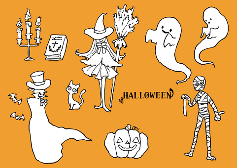 ペン画風ハロウィンのモノクロセット ハロウィン,秋,ハロウィーン,ジャックオランタン,かぼちゃ,ドラキュラ,吸血鬼,ヴァンパイア,魔女,魔法使いのイラスト素材
