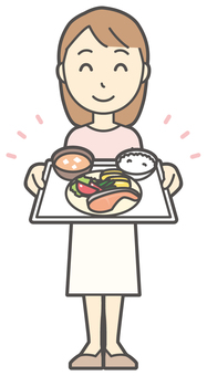 和食の定食を持っている若い女性 食事,女性,女の子,人物,かわいい,食べる,若い,挿絵,素材,無料のイラスト素材