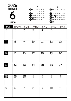 2026 6月カレンダー縦 日曜 白黒 マンスリー,カレンダー,6月,6,2026年,2026,令和8年,reiwa8,r8,juneのイラスト素材