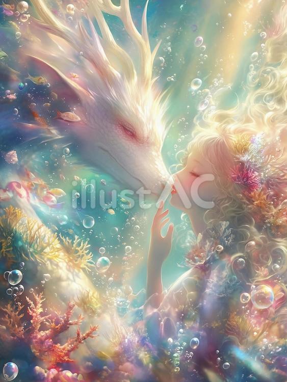 海の祈りと白龍の契り 夏,海中,白龍のイラスト素材