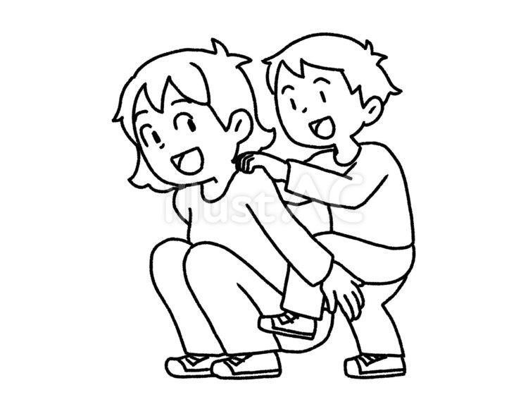 【白黒】おんぶする【線画】 おんぶ,背負う,仲良しのイラスト素材