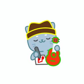 イラスト099 猫,ネコ,キャラクター,ギター,音楽,ミュージシャン,楽器,かわいい,イラスト,ハットのイラスト素材