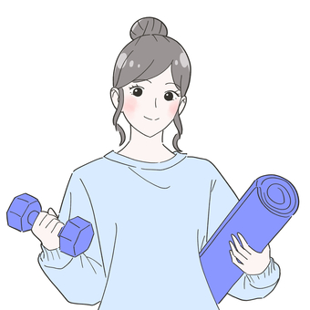ダンベルとヨガマットの女性　イラスト 女性,成人,若い,ダンベル,ヨガマット,持つ,筋トレ,鍛える,エクササイズ,フィットネスのイラスト素材