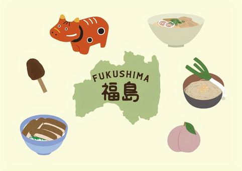 福島イラストセット 福島,桃,ラーメン,ねぎそば,ソースカツ丼,しんごろう,赤べこ,地図,ご当地,観光地のイラスト素材