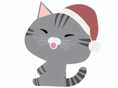 サンタ帽をかぶった笑顔のさばとら猫 サンタ帽をかぶった笑顔のさばとら猫 座る,サンタクロース,帽子,猫,さばとら,笑顔,動物,かわいい,クリスマスのイラスト素材
