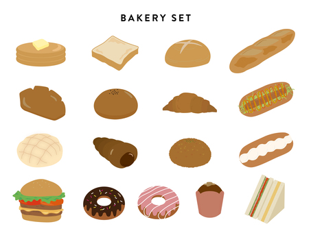 パン　イラストセット ホットケーキ,食パン,カンパーニュ,バケット,フランスパン,クリームパン,あんぱん,クロワッサン,ホットドック,メロンパンのイラスト素材