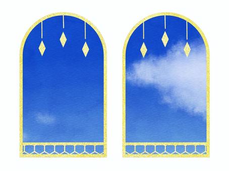 金のフレームと空31 金,フレーム,枠,ダイヤ,オーナメント,あしらい,空,雲,水彩風,手描きのイラスト素材