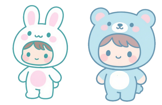 ウサギと熊の着ぐるみを着た赤ちゃん ウサギと熊の着ぐるみを着た赤ちゃん ウサギ,熊,着ぐるみ,赤ちゃん,幼児,可愛い,パステル,セット,動物,コスプレのイラスト素材