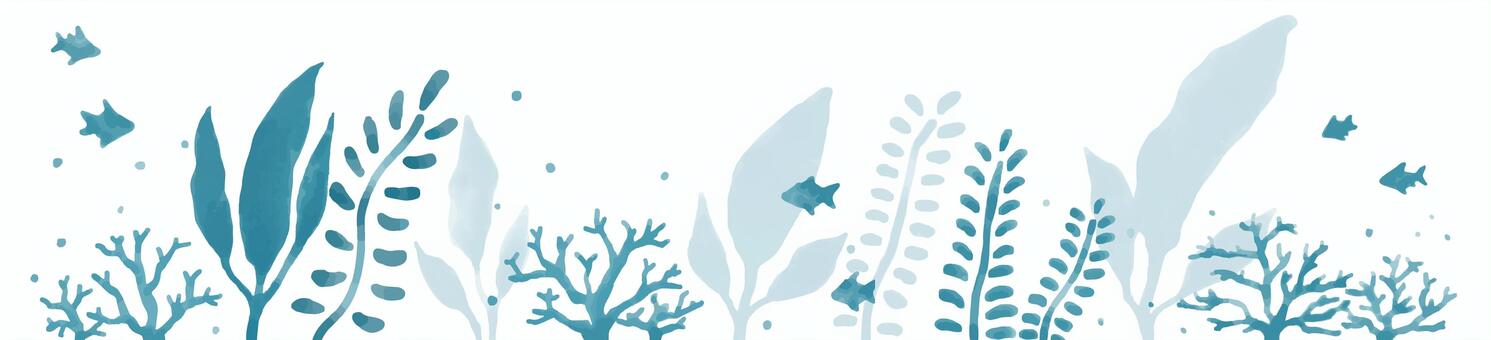 水彩シルエット：海底・海藻・魚_青緑 海,シルエット,手書き,青緑,くすみ,カラー,マリンブルー,影,海底,海藻のイラスト素材