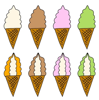 ソフトクリームセット ソフトクリーム,食べ物,アイス,甘い,おやつ,夏,冷たい,チョコレート,抹茶,いちごのイラスト素材