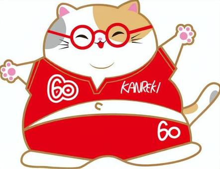 太った還暦の三毛猫 還暦,猫,太った,赤い服,眼鏡,動物のイラスト素材